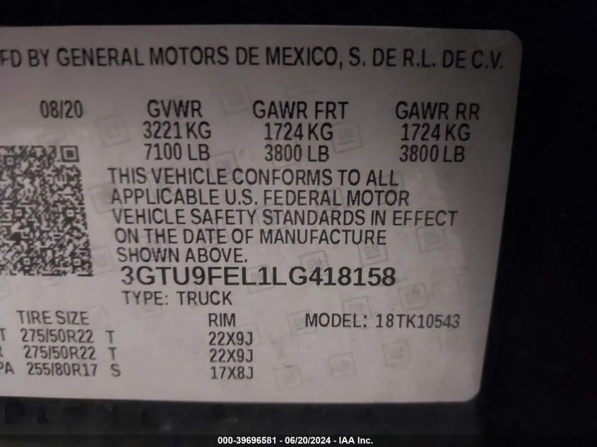 2020 GMC Sierra K1500 Denali VIN: 3GTU9FEL1LG418158 Lot: 39696581