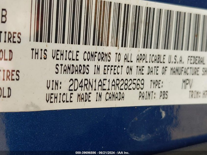 2010 Dodge Grand Caravan C/V VIN: 2D4RN1AE1AR282569 Lot: 39696586