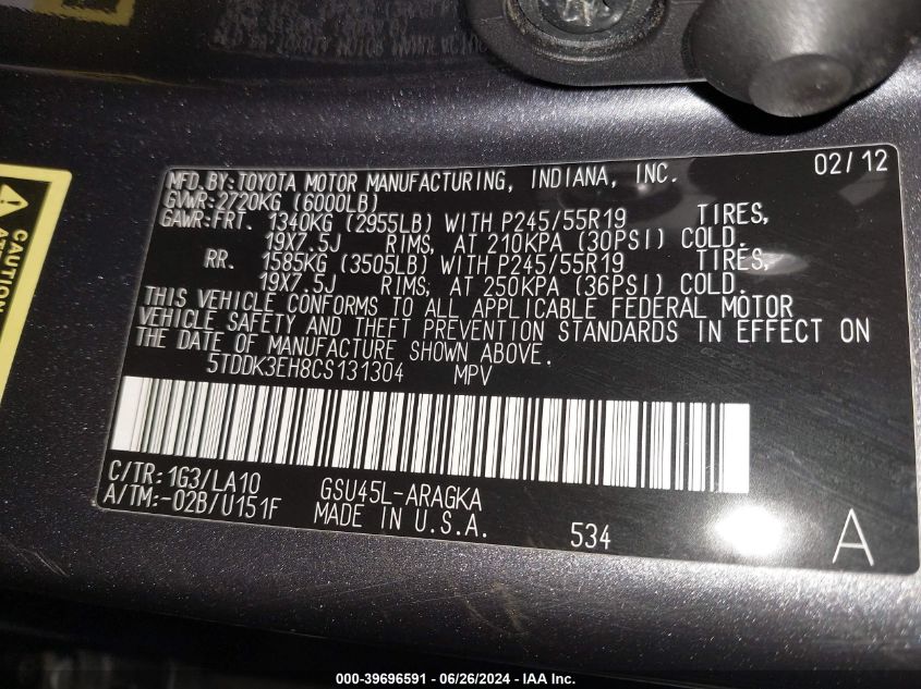 2012 Toyota Highlander Limited V6 VIN: 5TDDK3EH8CS131304 Lot: 39696591