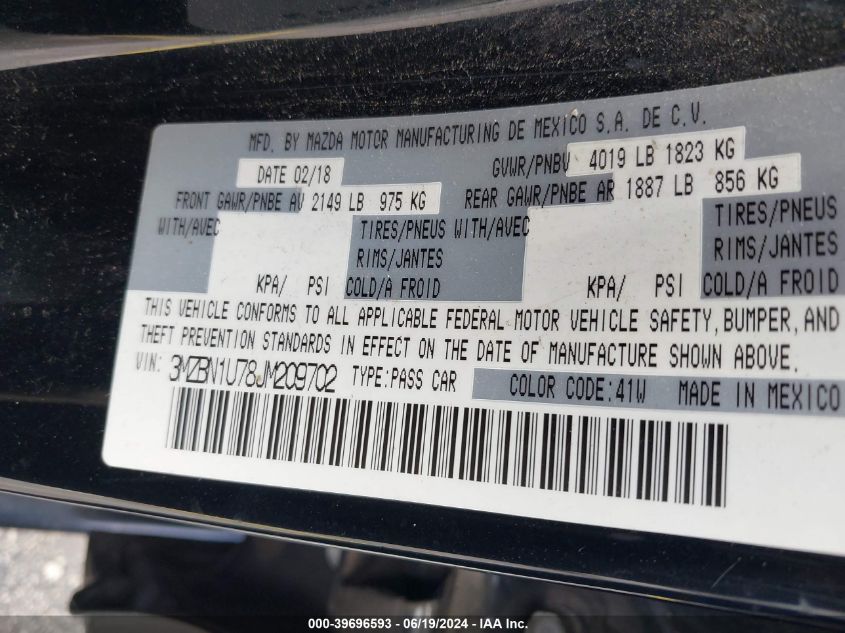 2018 Mazda 3 Sport VIN: 3MZBN1U78JM209702 Lot: 39696593