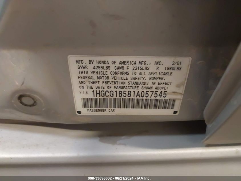 2001 Honda Accord 3.0 Ex VIN: 1HGCG16581A057545 Lot: 39696602
