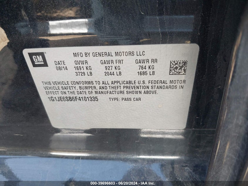 2015 Chevrolet Sonic Ltz VIN: 1G1JE6SB6F4101335 Lot: 39696603