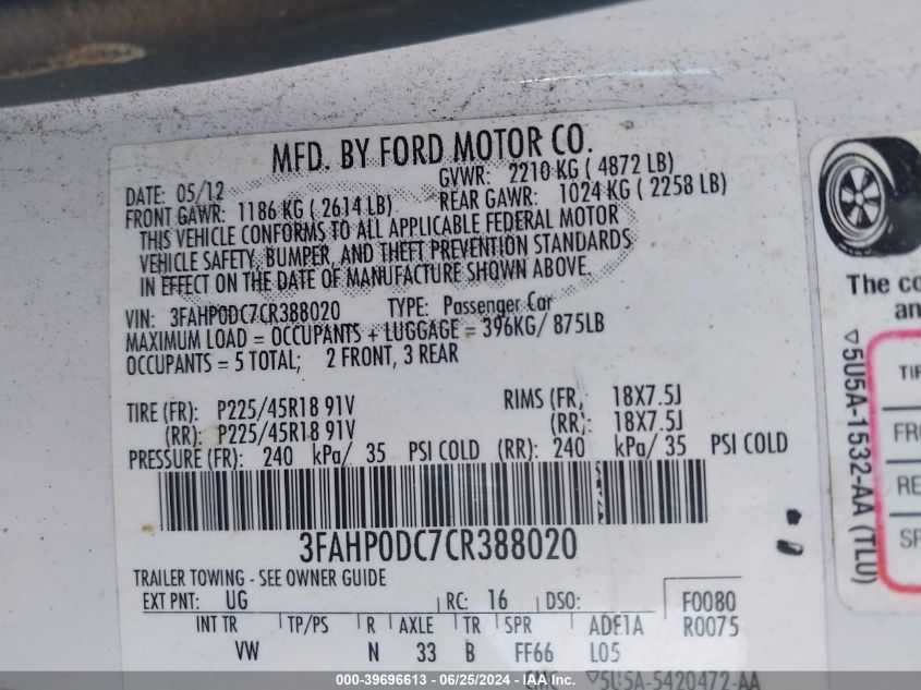 2012 Ford Fusion Sport VIN: 3FAHP0DC7CR388020 Lot: 39696613