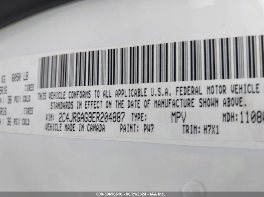 2014 Ram Cargo Tradesman VIN: 2C4JRGAG9ER204887 Lot: 39696616
