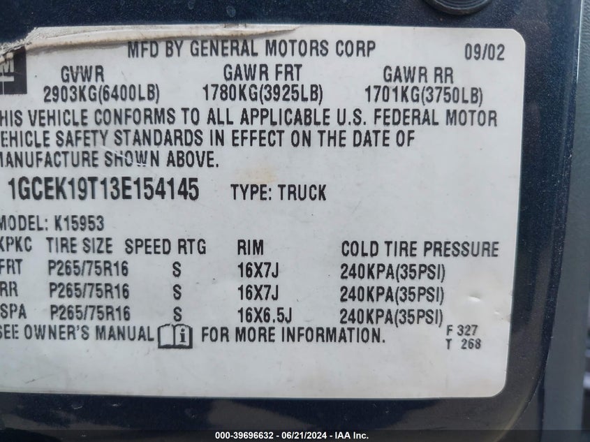 2003 Chevrolet Silverado K1500 VIN: 1GCEK19T13E154145 Lot: 39696632