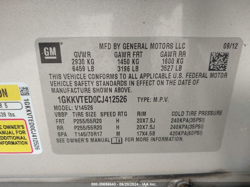 2012 GMC Acadia Denali VIN: 1GKKVTED0CJ412526 Lot: 39696643