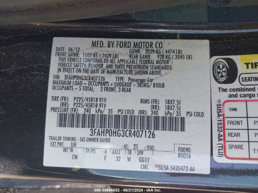 2012 Ford Fusion Se VIN: 3FAHP0HG3CR407126 Lot: 39696652