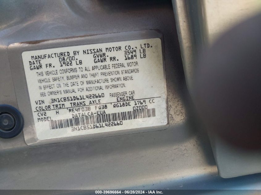 2001 Nissan Sentra Xe VIN: 3N1CB51D61L422660 Lot: 39696664