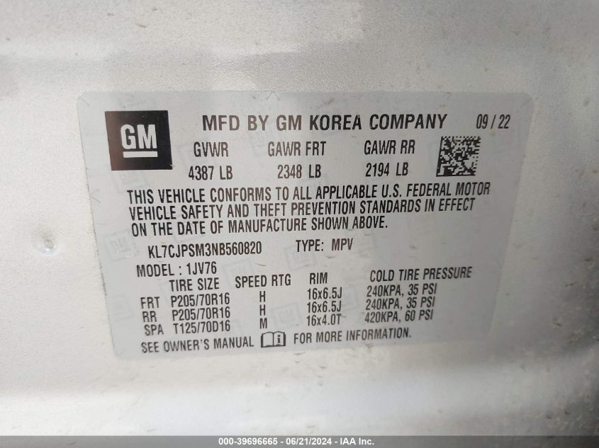 2022 Chevrolet Trax Awd Lt VIN: KL7CJPSM3NB560820 Lot: 39696665