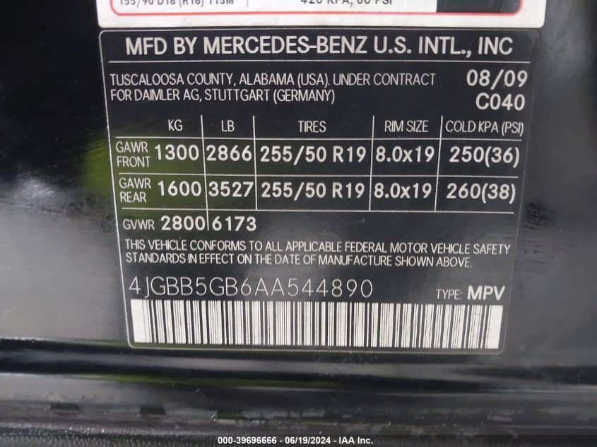 2010 Mercedes-Benz Ml 350 VIN: 4JGBB5GB6AA544890 Lot: 39696666