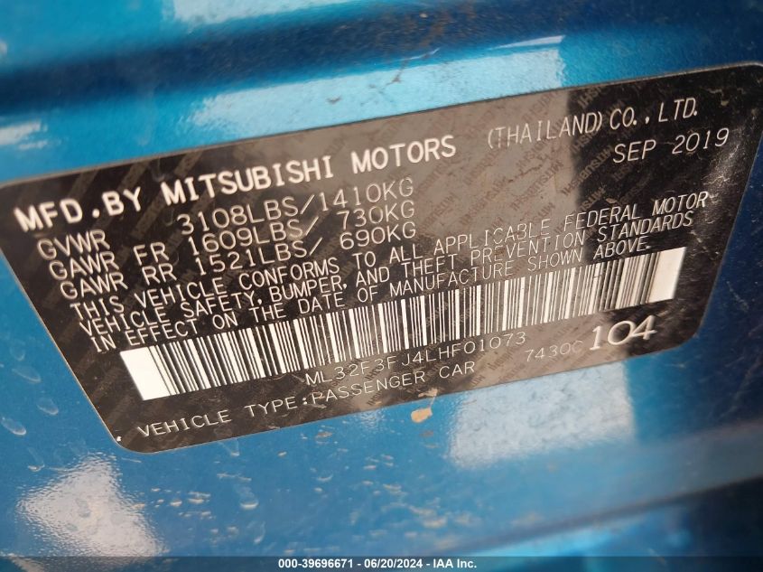 2020 Mitsubishi Mirage G4 G4 Es VIN: ML32F3FJ4LHF01073 Lot: 39696671