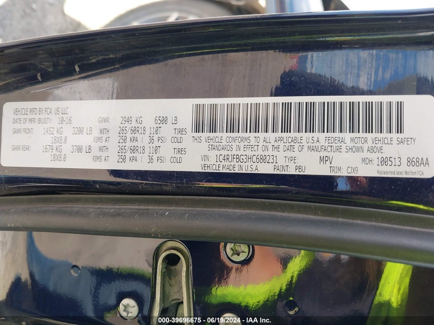 2017 Jeep Grand Cherokee Limited 4X4 VIN: 1C4RJFBG3HC680231 Lot: 39696675
