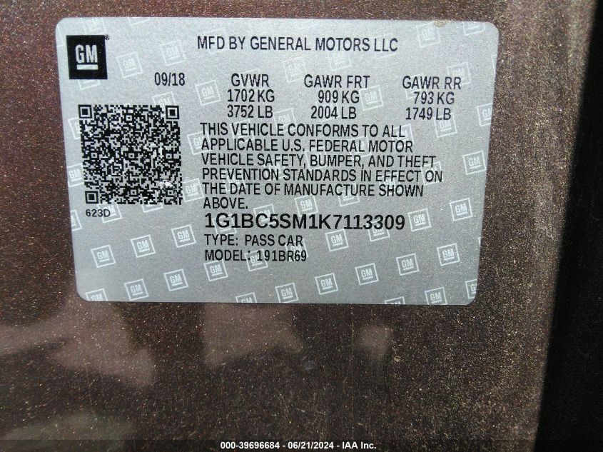 2019 Chevrolet Cruze Ls VIN: 1G1BC5SM1K7113309 Lot: 39696684