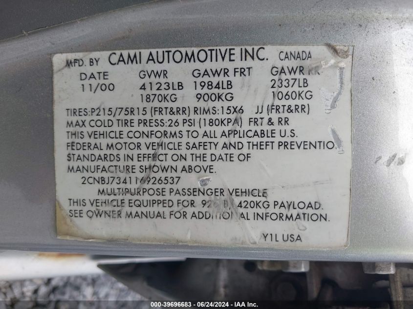 2001 Chevrolet Tracker Hard Top Zr2 VIN: 2CNBJ734116926537 Lot: 39696683