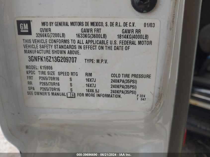 2003 Chevrolet Suburban 1500 K1500 VIN: 3GNFK16Z13G209707 Lot: 39696690