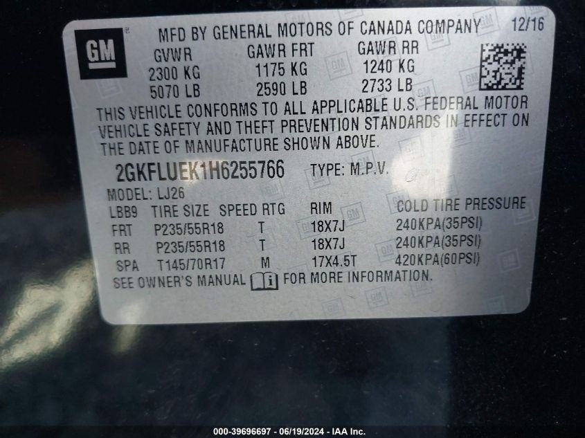 2017 GMC Terrain Slt VIN: 2GKFLUEK1H6255766 Lot: 39696697