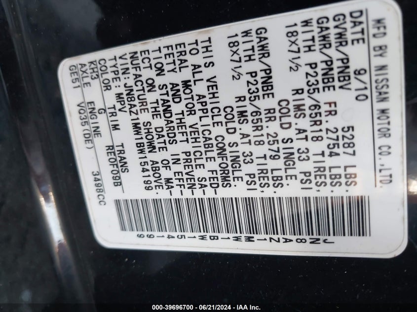 2011 Nissan Murano S VIN: JN8AZ1MW1BW154199 Lot: 39696700