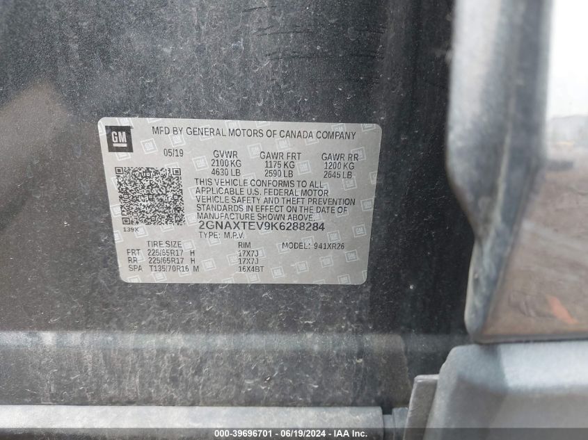 2019 Chevrolet Equinox Lt VIN: 2GNAXTEV9K6288284 Lot: 39696701