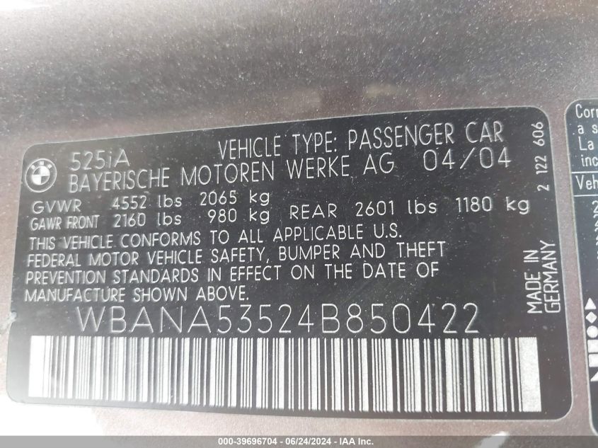 2004 BMW 525I VIN: WBANA53524B850422 Lot: 39696704