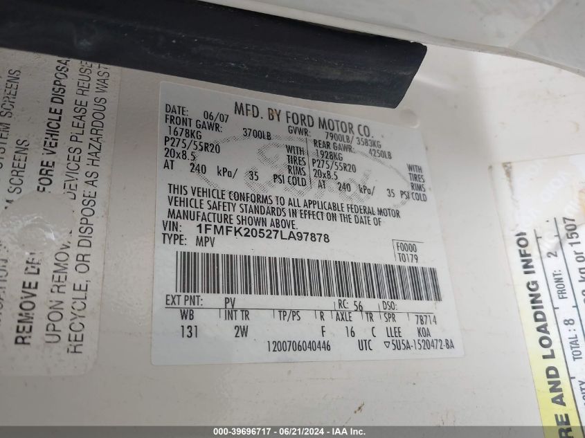 2007 Ford Expedition El Limited VIN: 1FMFK20527LA97878 Lot: 39696717
