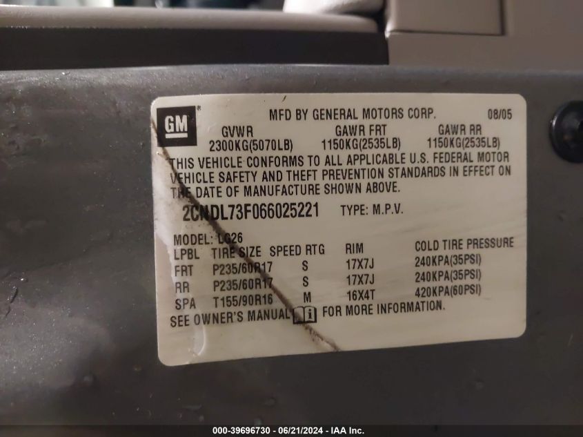 2006 Chevrolet Equinox Lt VIN: 2CNDL73F066025221 Lot: 39696730