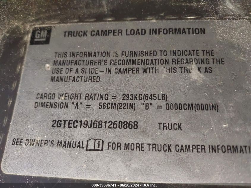 2008 GMC Sierra 1500 Sle1 VIN: 2GTEC19J681260868 Lot: 39696741