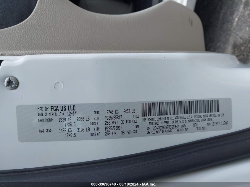 2015 Chrysler Town & Country Touring VIN: 2C4RC1BG8FR661952 Lot: 39696749