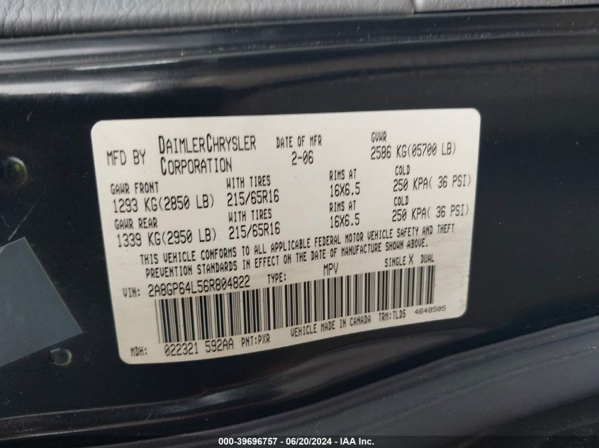 2006 Chrysler Town & Country Limited VIN: 2A8GP64L56R804822 Lot: 39696757