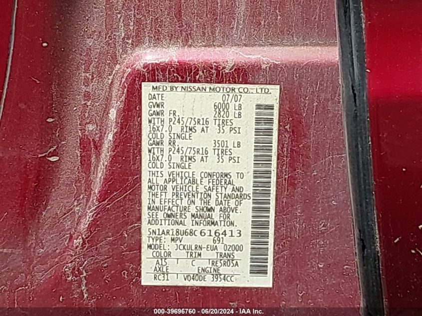 2008 Nissan Pathfinder S VIN: 5N1AR18U68C616413 Lot: 39696760