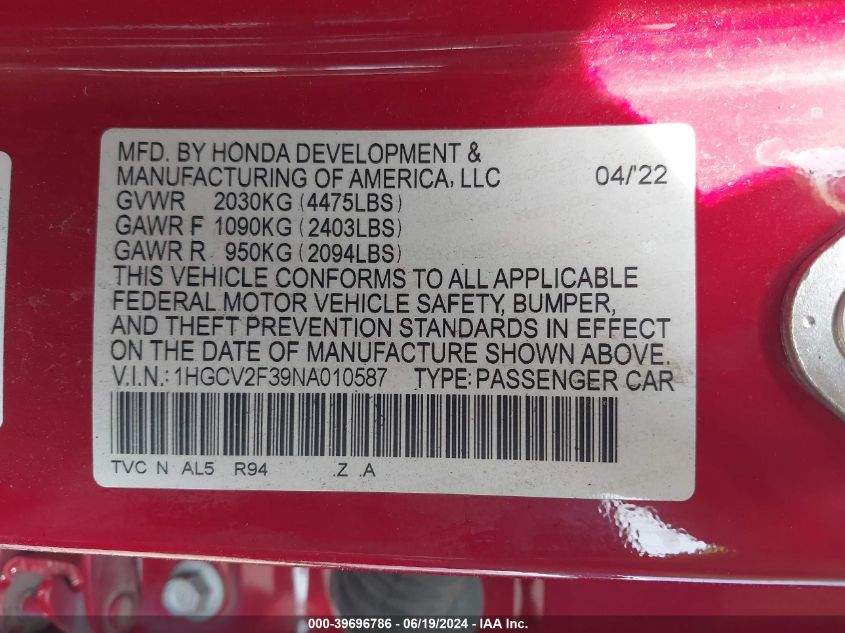 2022 Honda Accord Sport 2.0T VIN: 1HGCV2F39NA010587 Lot: 39696786