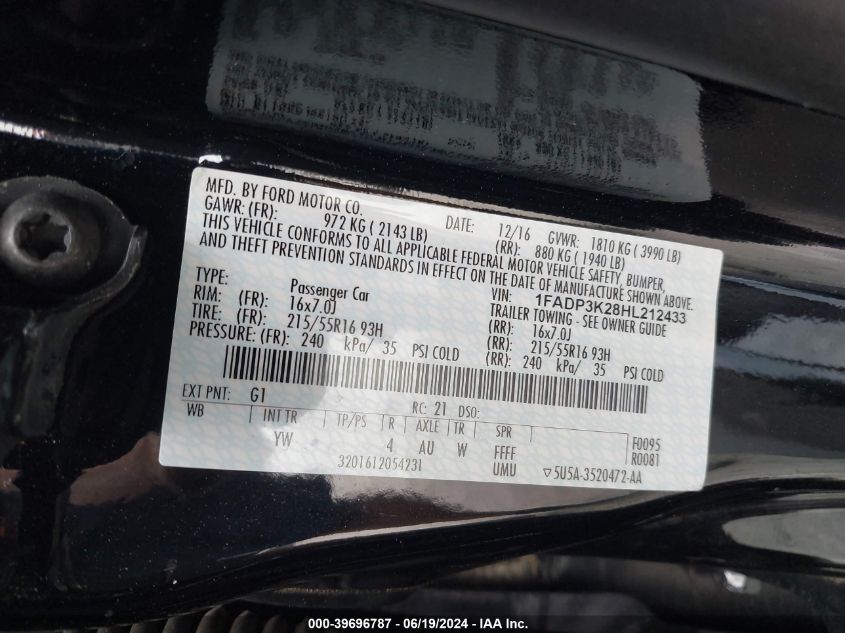 2017 Ford Focus Se VIN: 1FADP3K28HL212433 Lot: 39696787