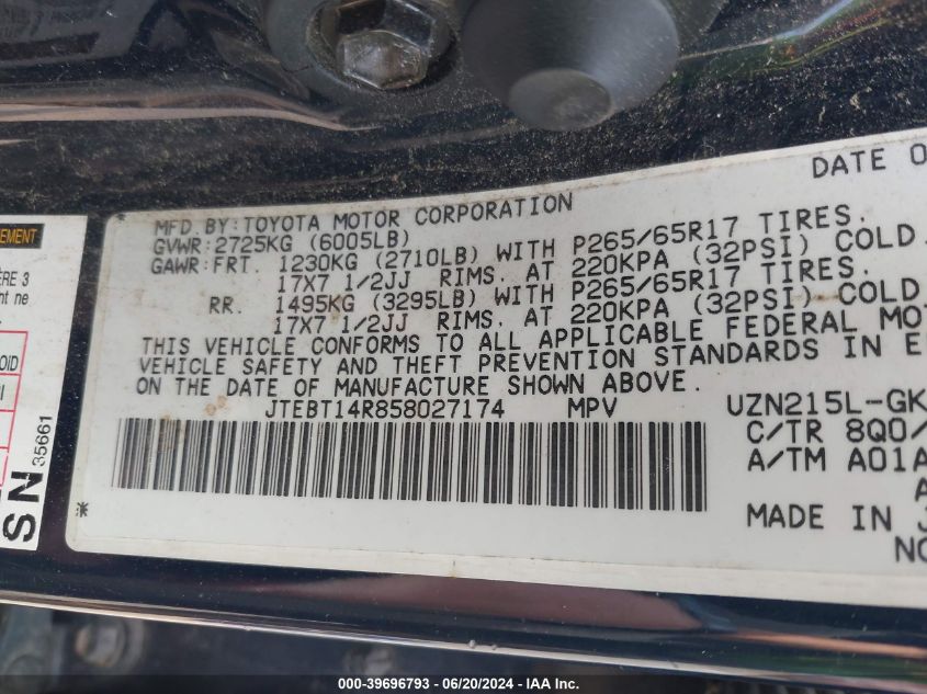 2005 Toyota 4Runner Sr5 V8 VIN: JTEBT14R858027174 Lot: 39696793