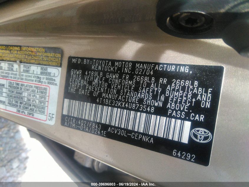 2004 Toyota Camry Le VIN: 4T1BE32KX4U873548 Lot: 39696803