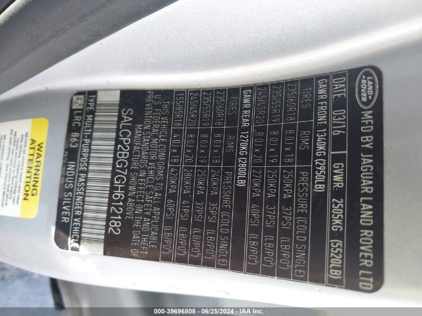 2016 Land Rover Discovery Sport Se VIN: SALCP2BG7GH612182 Lot: 39696808