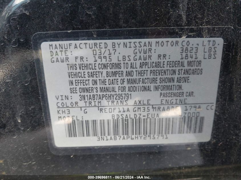 2017 Nissan Sentra S/Sv/Sr/Sl VIN: 3N1AB7AP6HY295791 Lot: 39696811