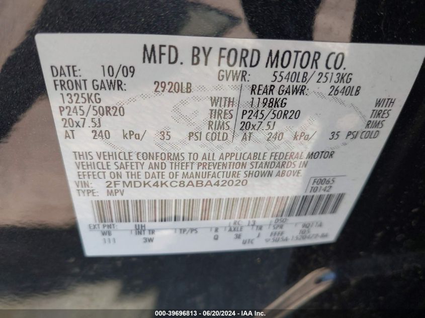 2010 Ford Edge Limited VIN: 2FMDK4KC8ABA42020 Lot: 39696813