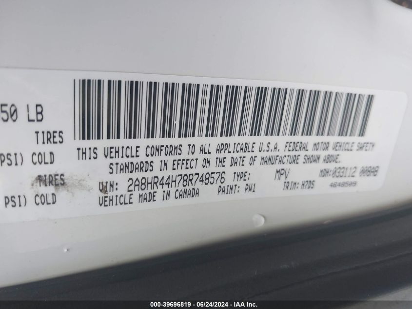 2008 Chrysler Town & Country Lx VIN: 2A8HR44H78R748576 Lot: 39696819