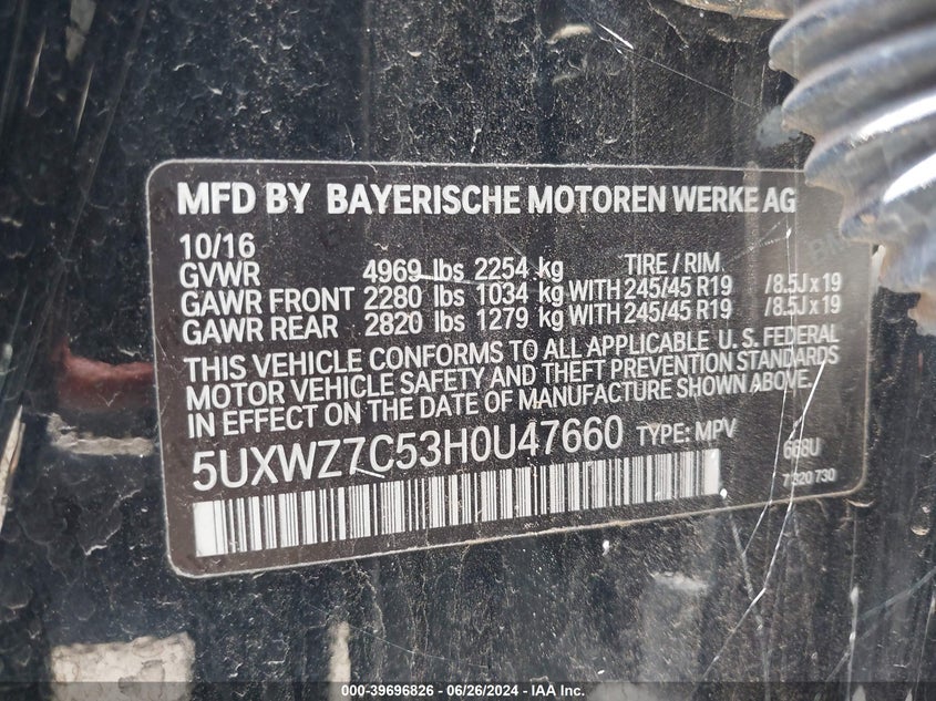 2017 BMW X3 Sdrive28I VIN: 5UXWZ7C53H0U47660 Lot: 39696826