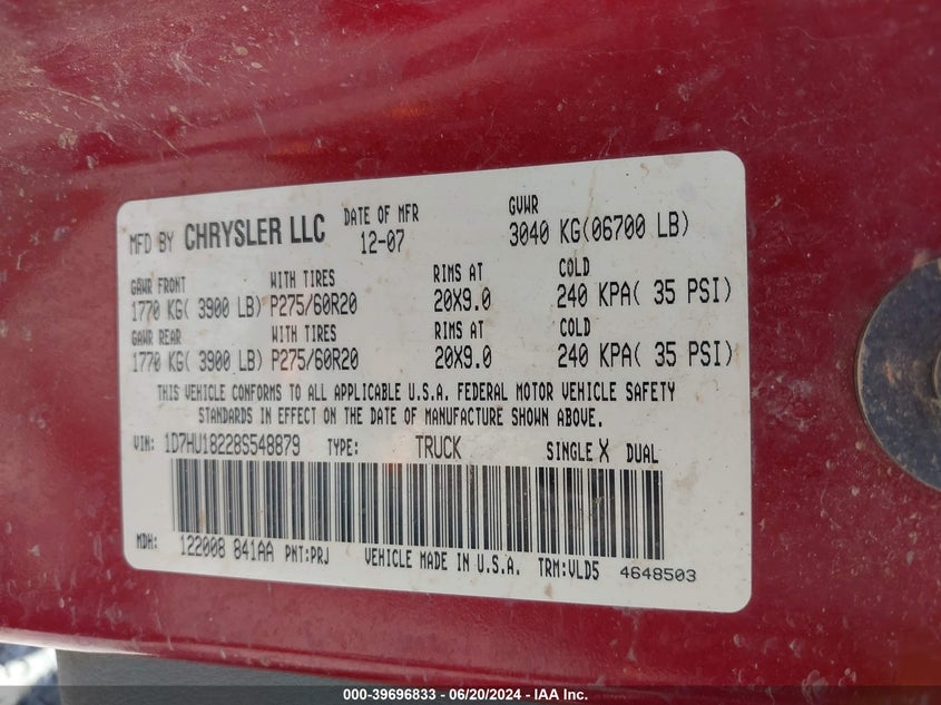 2008 Dodge Ram 1500 Slt VIN: 1D7HU18228S548879 Lot: 39696833