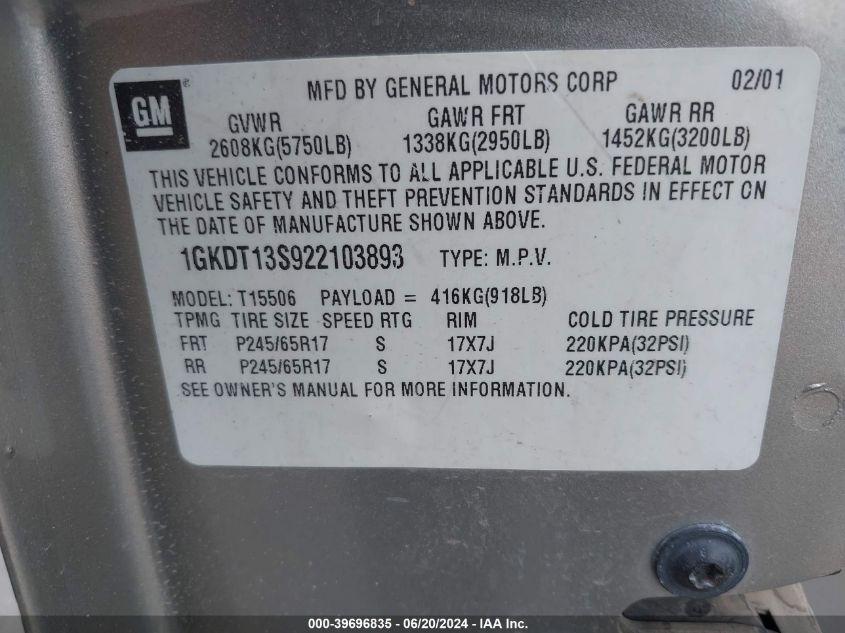 2002 GMC Envoy Slt VIN: 1GKDT13S922103893 Lot: 39696835