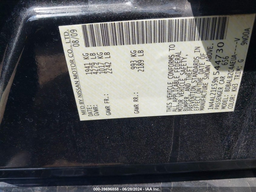 2009 Nissan Altima 2.5 S VIN: 1N4AL21E59N544730 Lot: 39696858