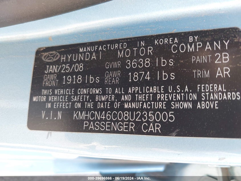 2008 Hyundai Accent Gls VIN: KMHCN46C08U235005 Lot: 39696866