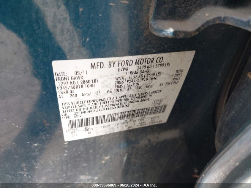 2011 Ford Edge Sel VIN: 2FMDK3JCXBBA95802 Lot: 39696869