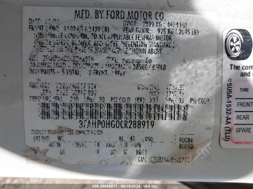 2012 Ford Fusion Se VIN: 3FAHP0HG0CR288919 Lot: 39696871