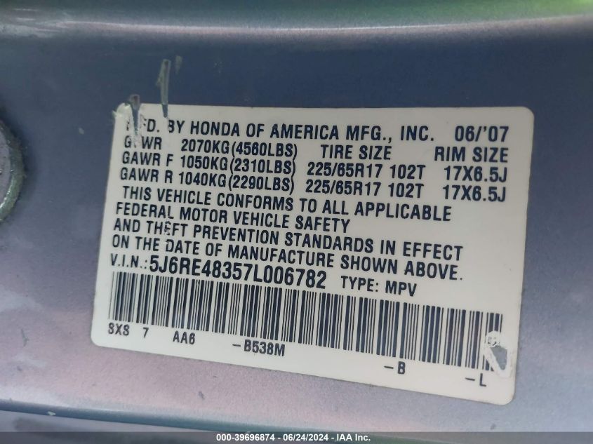 2007 Honda Cr-V Lx VIN: 5J6RE48357L006782 Lot: 39696874