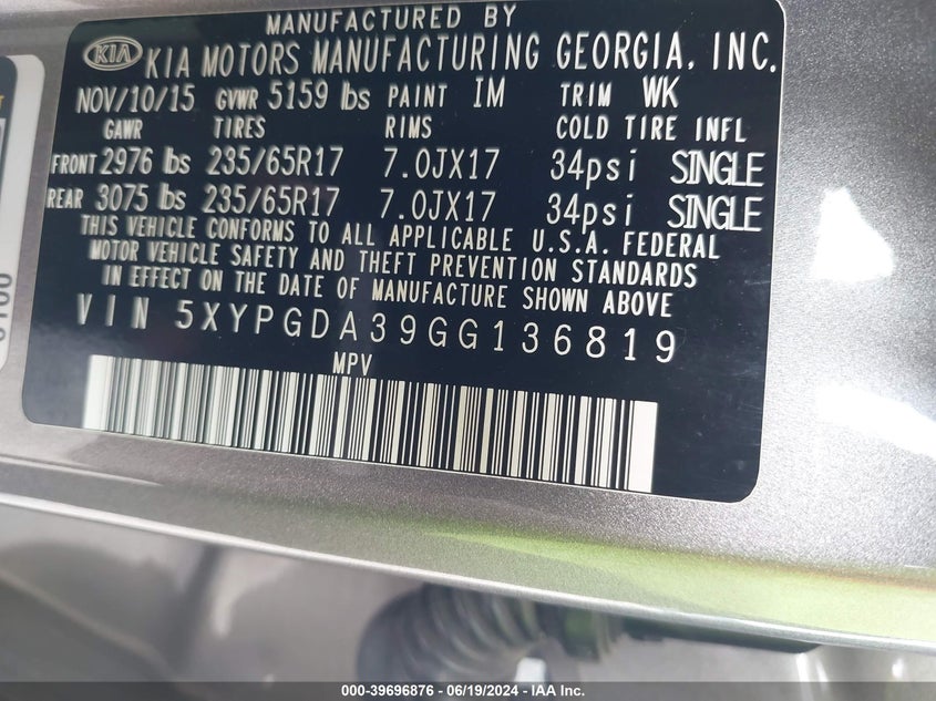 2016 Kia Sorento Lx/L VIN: 5XYPGDA39GG136819 Lot: 39696876