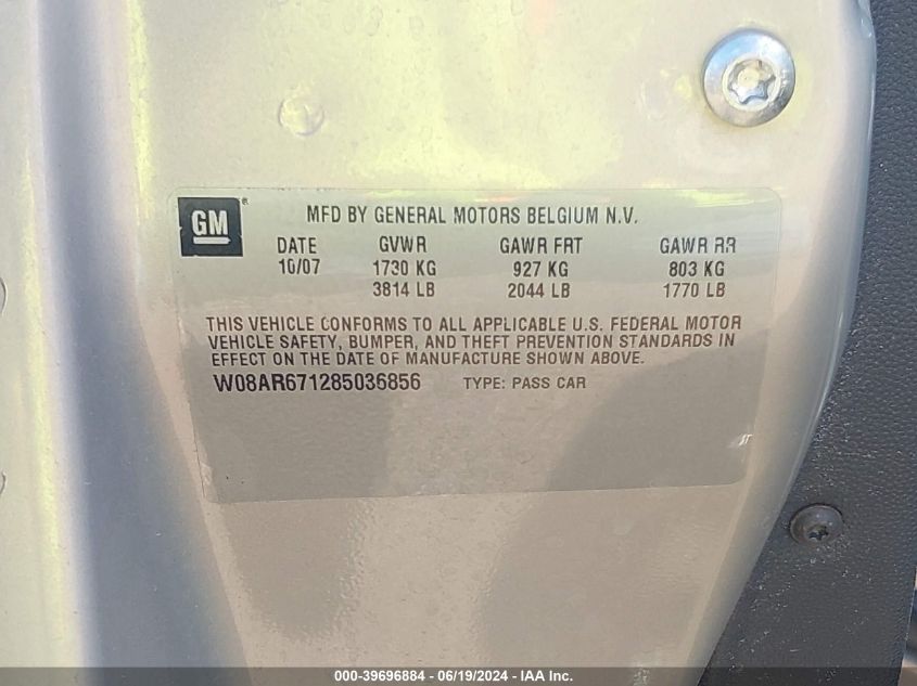 2008 Saturn Astra Xe VIN: W08AR671285036856 Lot: 39696884