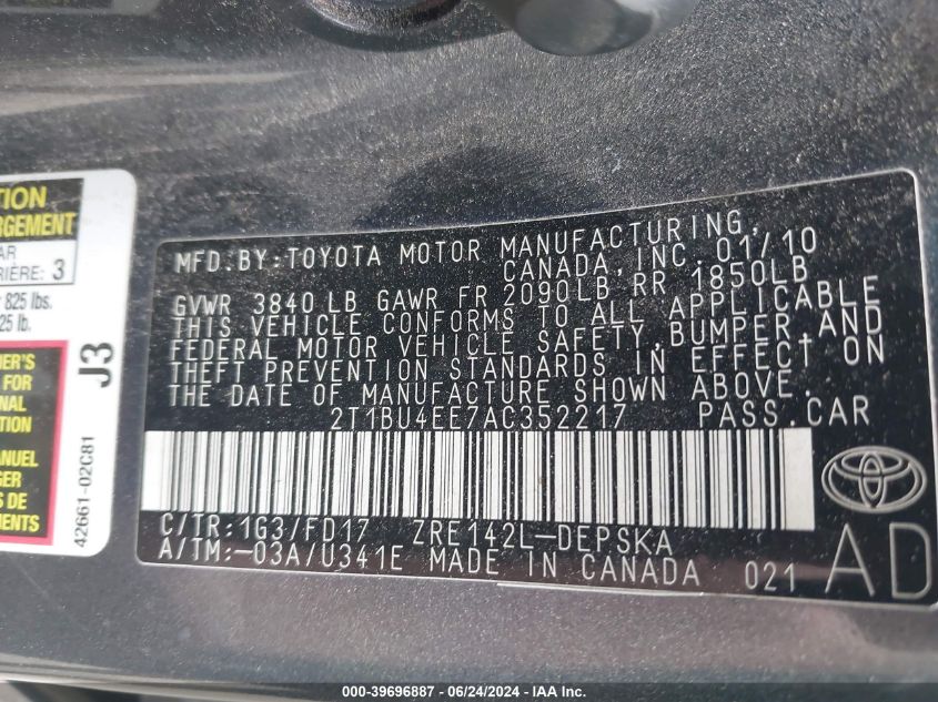 2010 Toyota Corolla S VIN: 2T1BU4EE7AC352217 Lot: 39696887