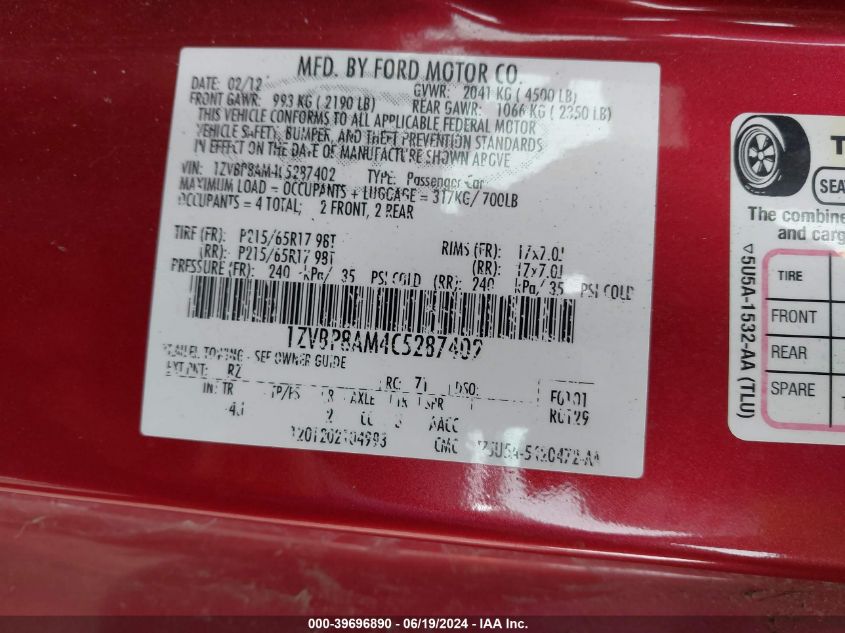 2012 Ford Mustang V6 Premium VIN: 1ZVBP8AM4C5287402 Lot: 39696890