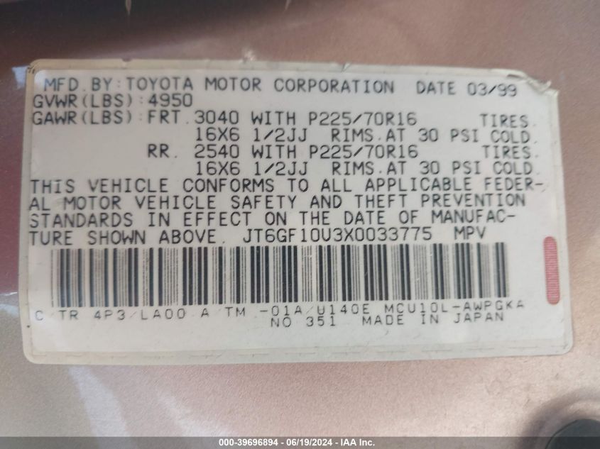 1999 Lexus Rx 300 VIN: JT6GF10U3X0033775 Lot: 39696894